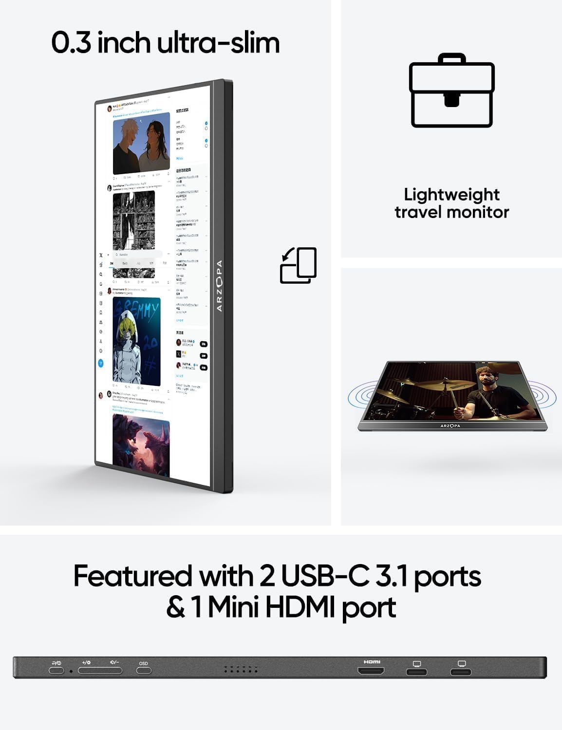 ARZOPA S1 Table - 15.6" 1080P 60Hz IPS Portable Monitor