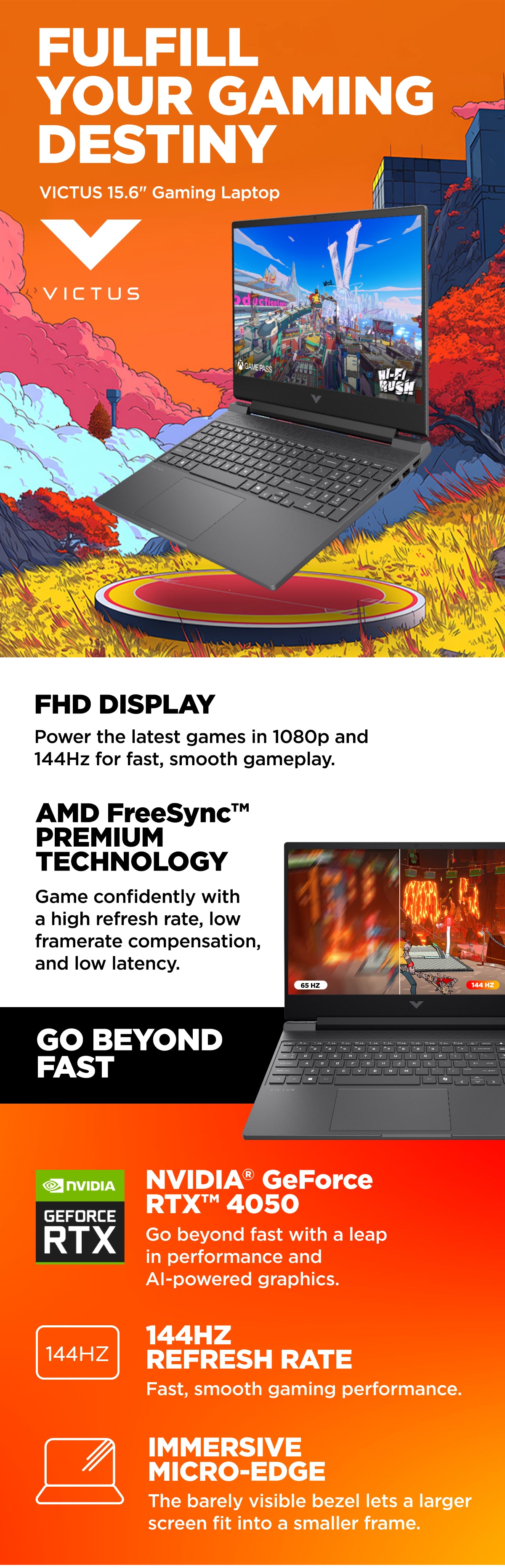 HP Victus 15-FA2082WM Gaming Laptop - 15.6" FHD Intel Core i5-13420H, 16GB RAM, 512GB SSD, RTX 4050 8GB GPU | B5EQ3UA