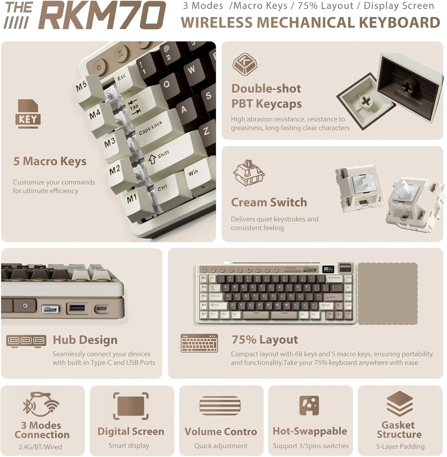 Royal Kludge RK M70 - 75% Wireless/Wired Mechanical RGB Gaming Keyboard
