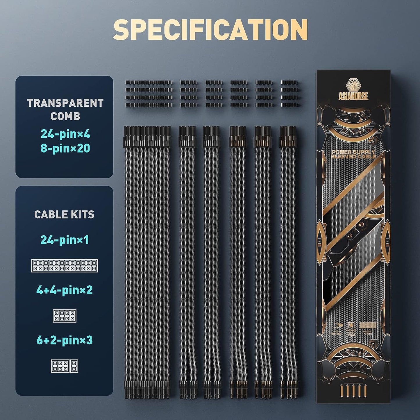 AsiaHorse Sleeved Power Supply Extension Cable Kit - CLEAR SERIES 6KIT PRO