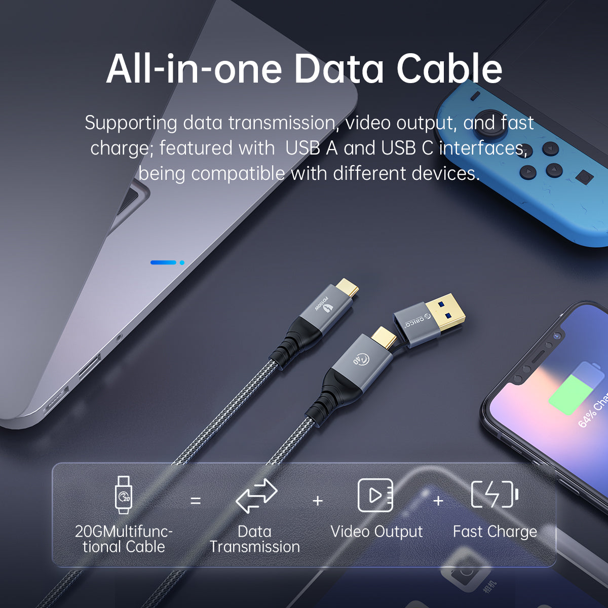 ORICO 2-in-1 USB-C 20Gbps 100W 5A PD Data Cable