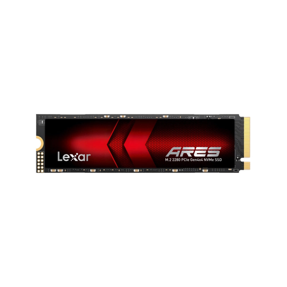Lexar ARES M.2 2280 PCIe NVMe SSD with a black and red heatsink design and gold-plated connectors, shown on a plain white background.