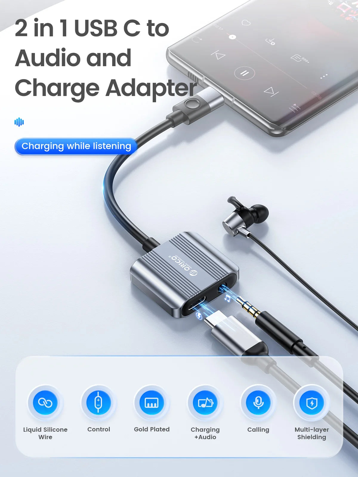 ORICO USB C to 3.5mm Headphone and Charger Adapter - 2 in 1