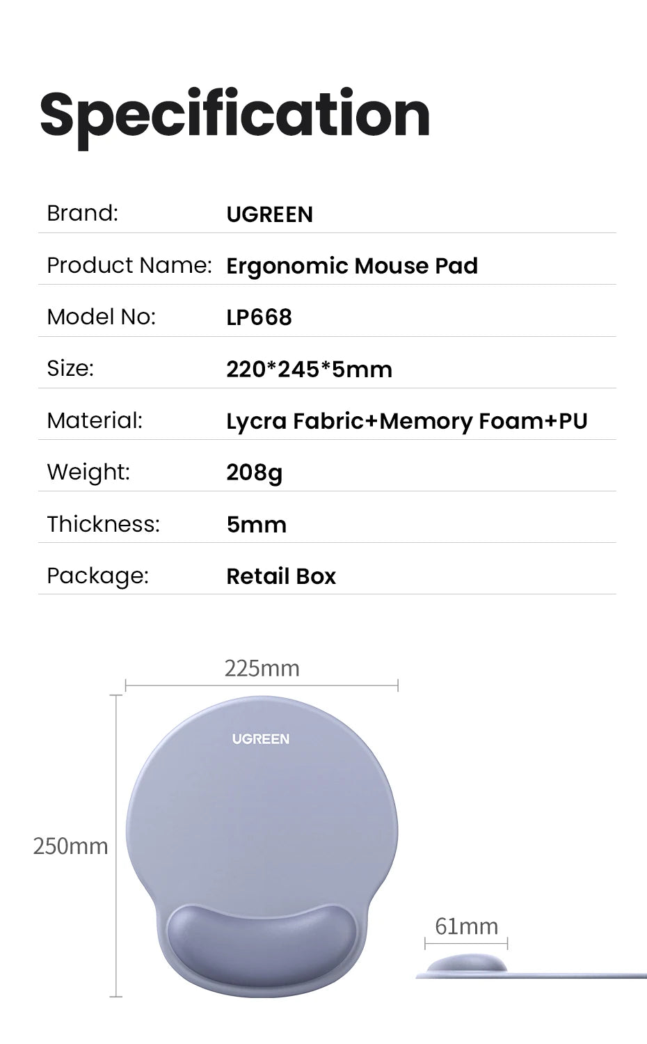 UGREEN Ergonomic Mouse Pad with Wrist Rest - LP668