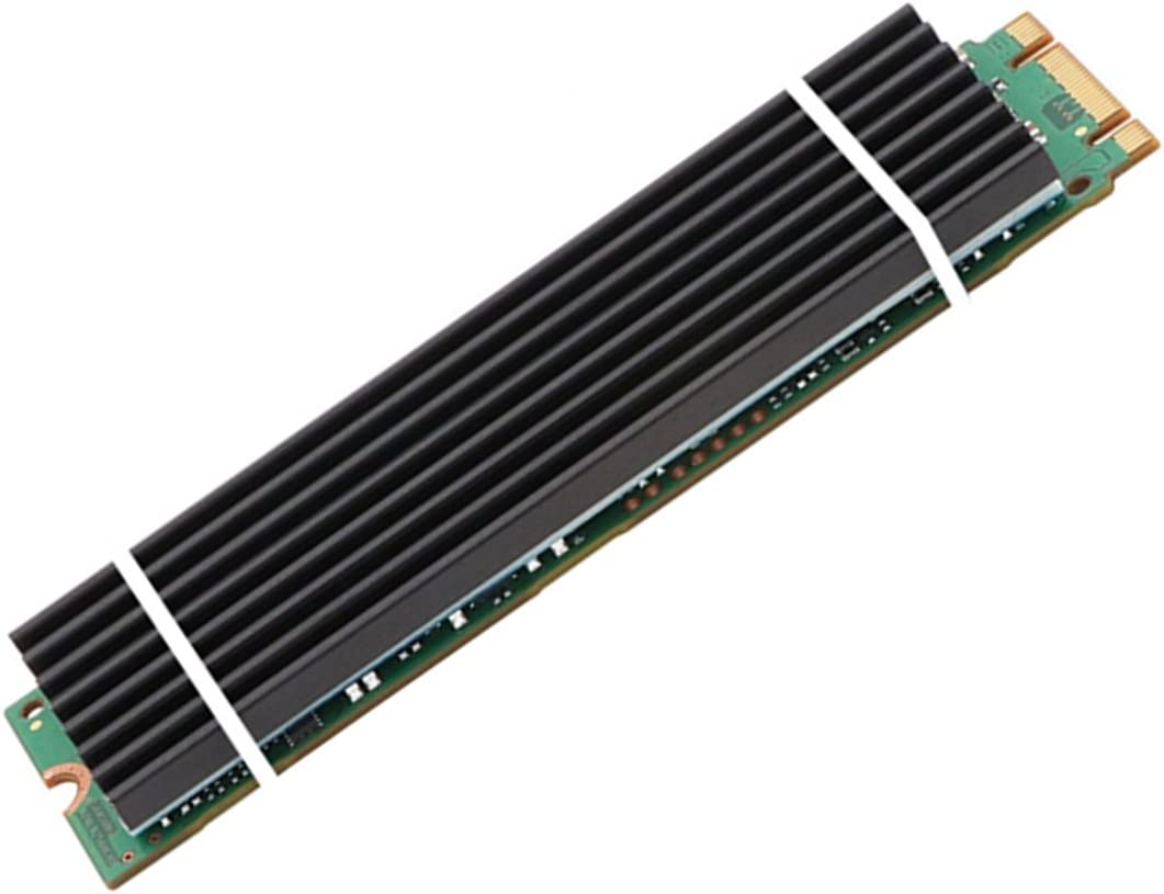 An M.2 SSD heatsink with a black aluminum body and green circuit board, designed to cool the SSD and improve thermal performance.
