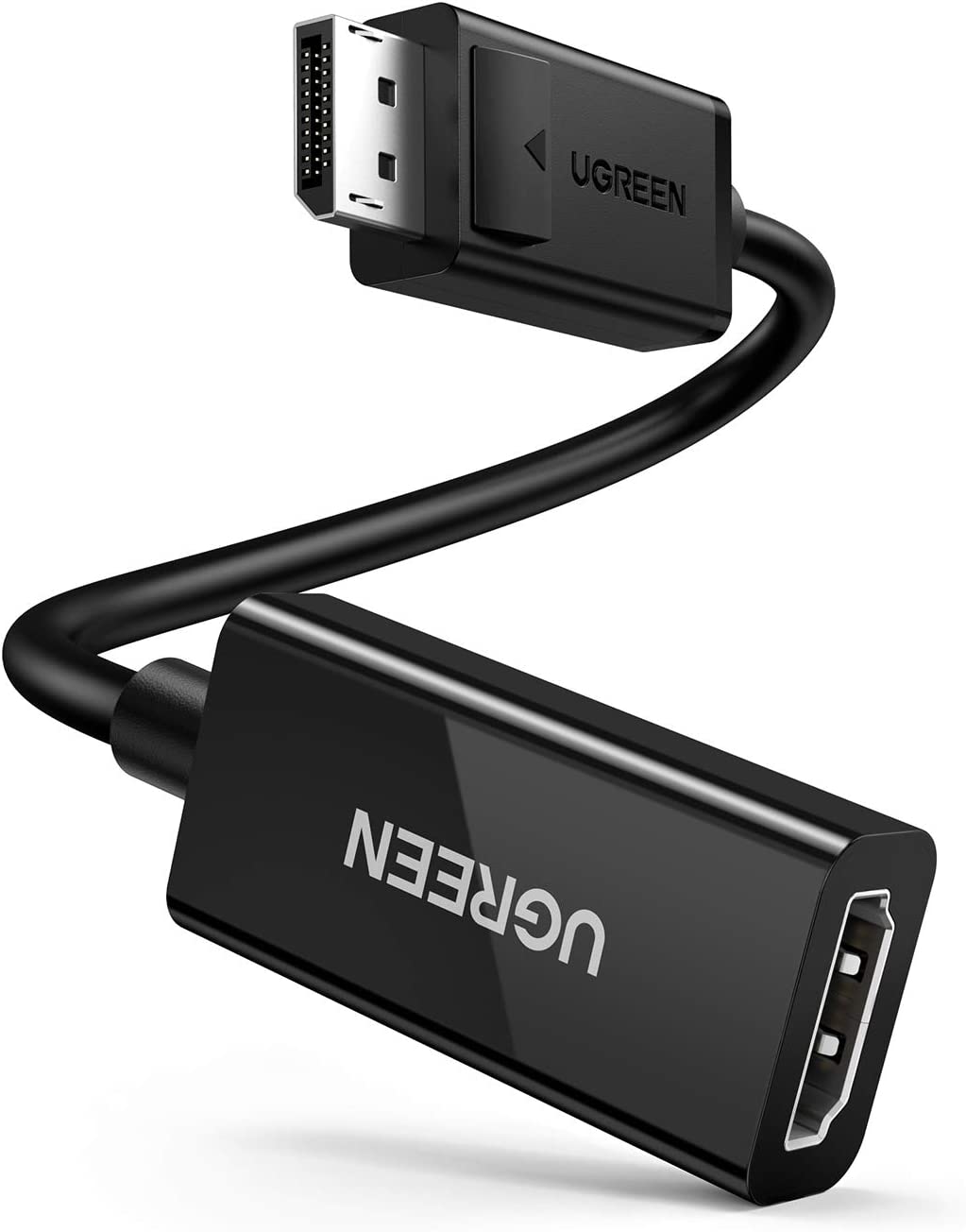 A black UGREEN brand DisplayPort to HDMI adapter with a male DisplayPort connector on one end and a female HDMI port on the other.