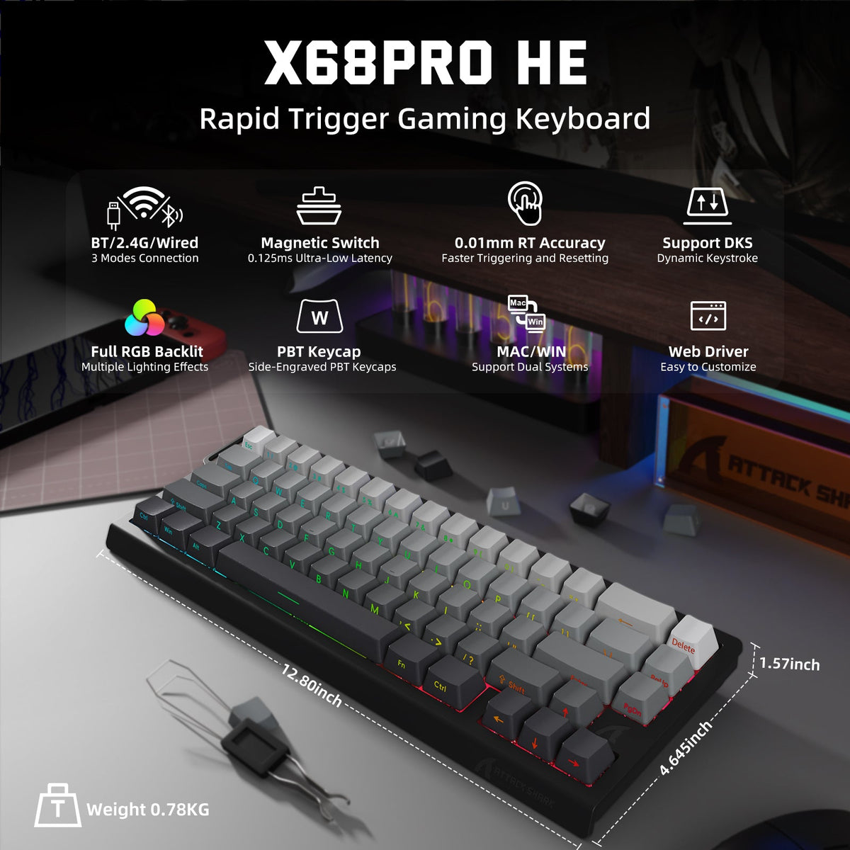 Attack Shark X68 PRO HE - 60% Wireless Magnetic Switch RGB Gaming Keyboard