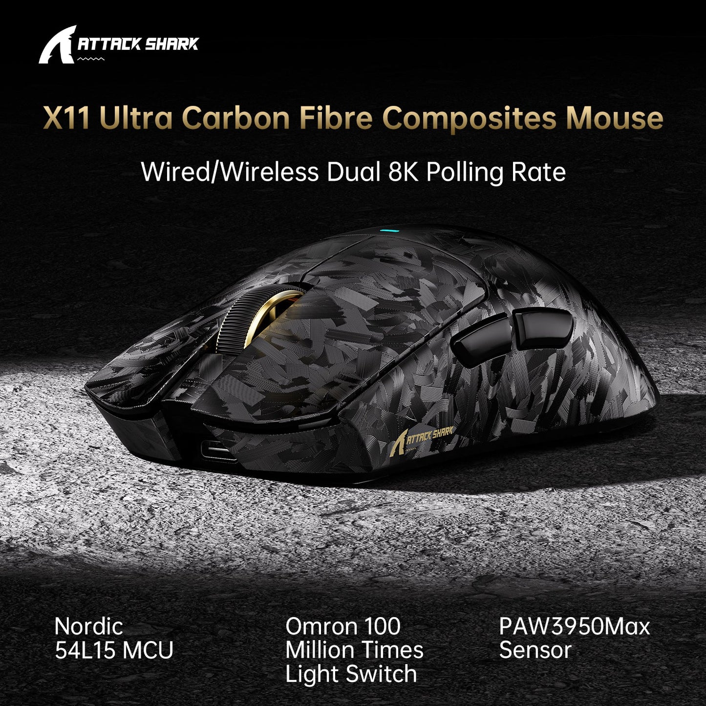 Attack Shark X11 ULTRA - Carbon Fiber 8K Wireless Gaming Mouse