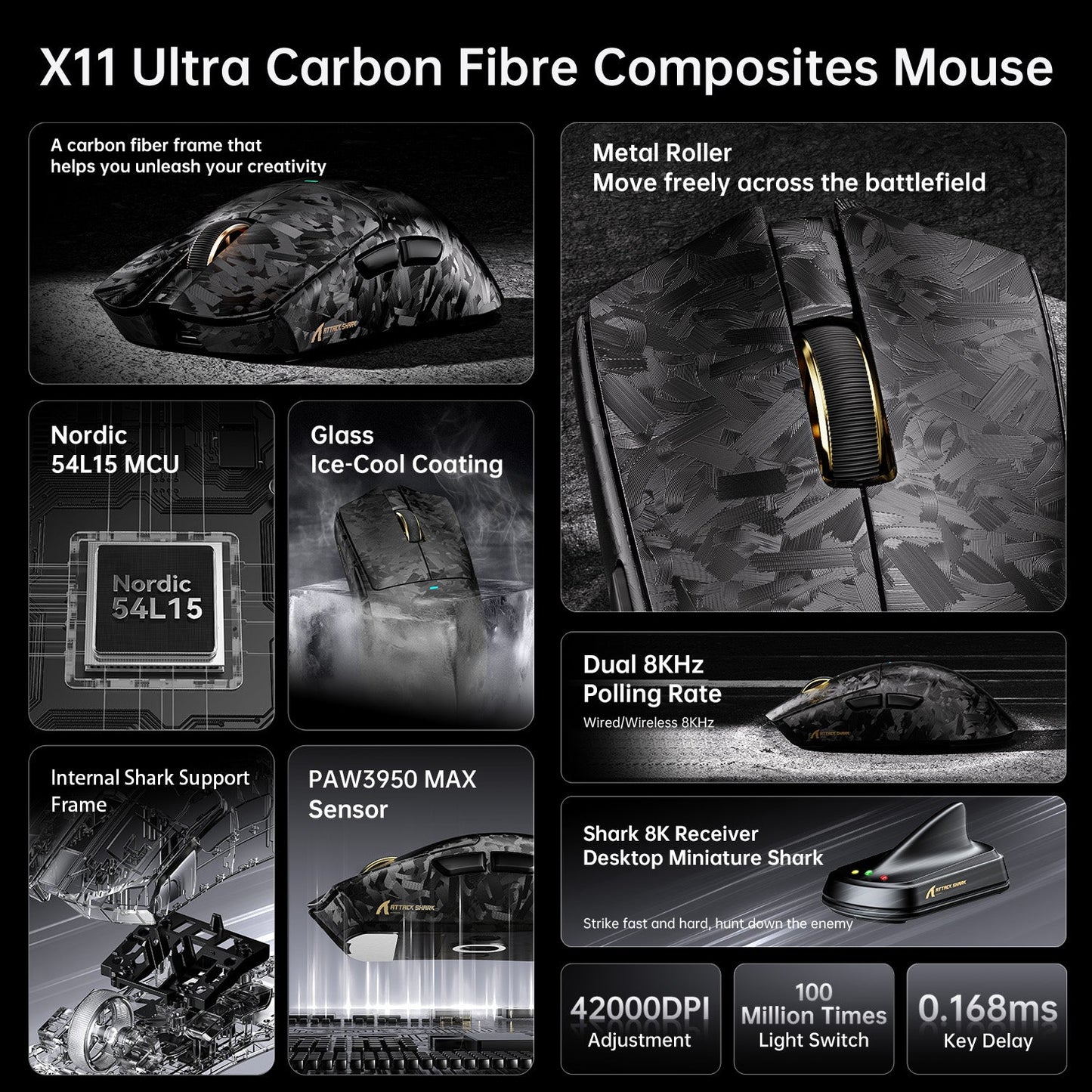 Attack Shark X11 ULTRA - Carbon Fiber 8K Wireless Gaming Mouse