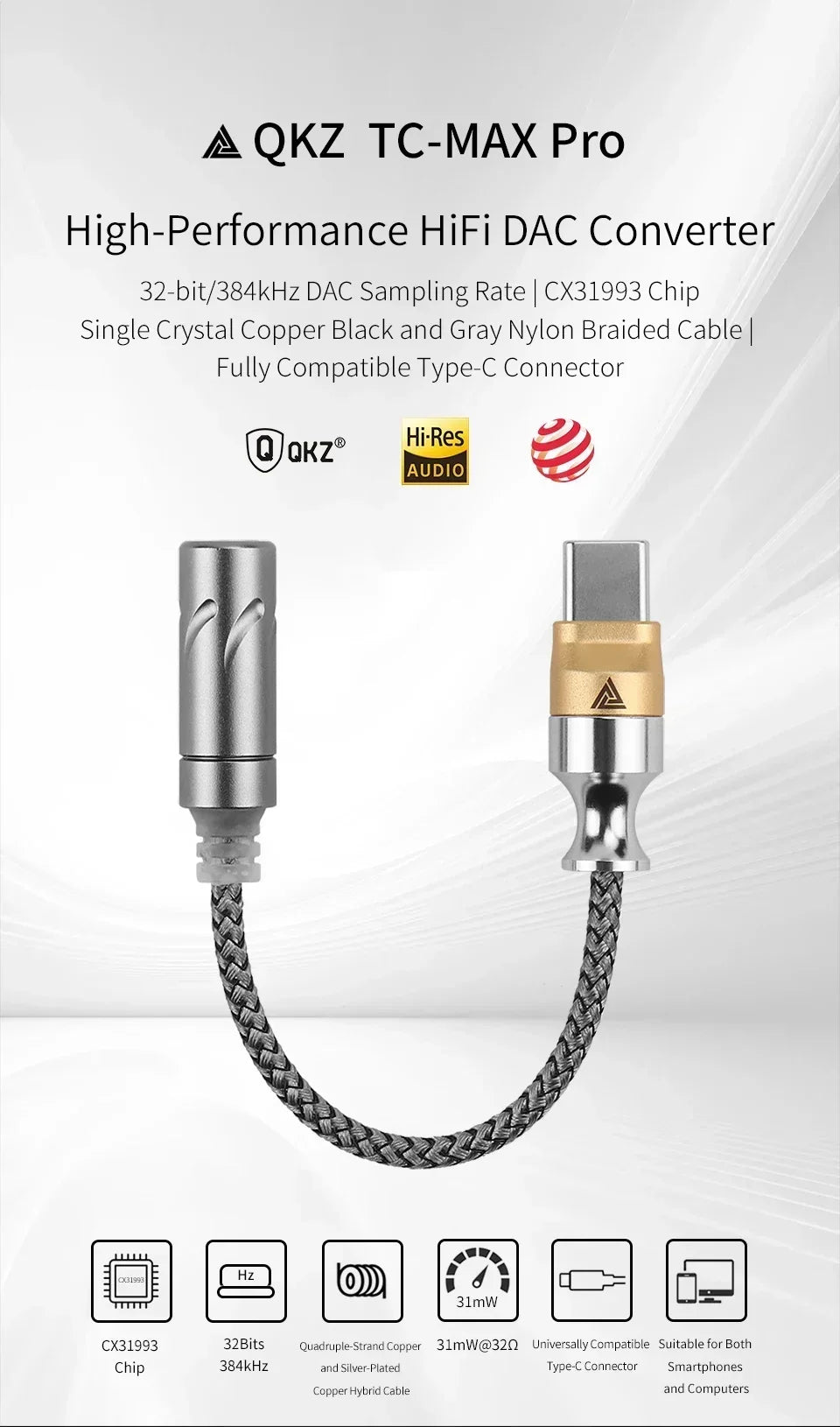 QKZ TC Max Pro -  USB-C to 3.5mm Headphone Adapter CX31993 DAC