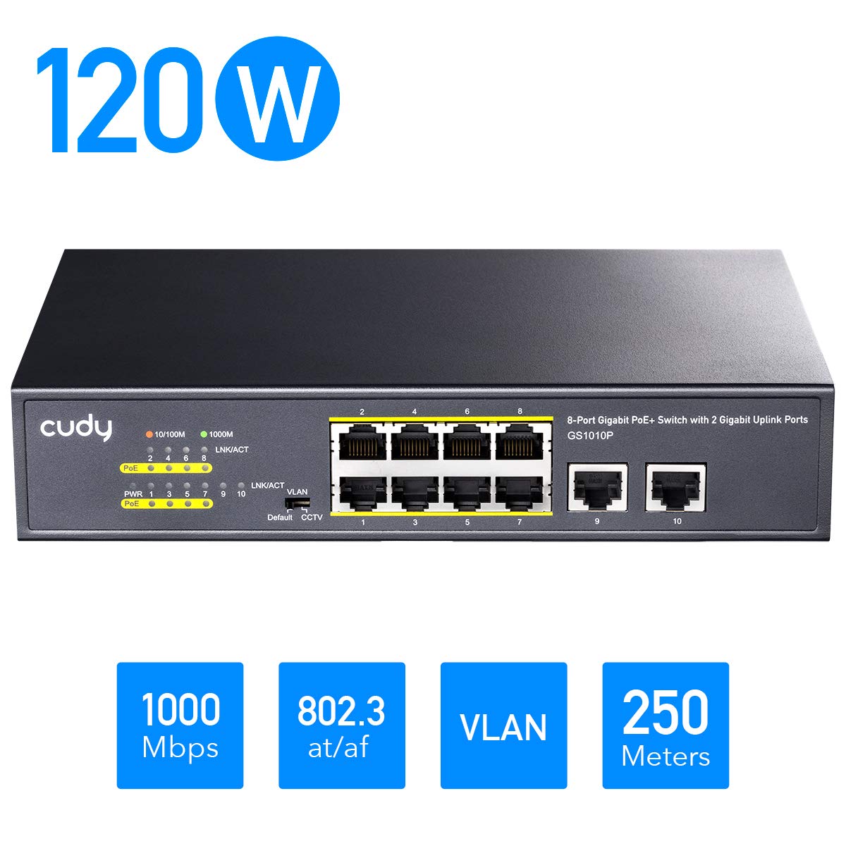 CUDY GS1010P - 8-Port 120W Gigabit PoE+ Switch with 2 Gigabit Uplink Ports